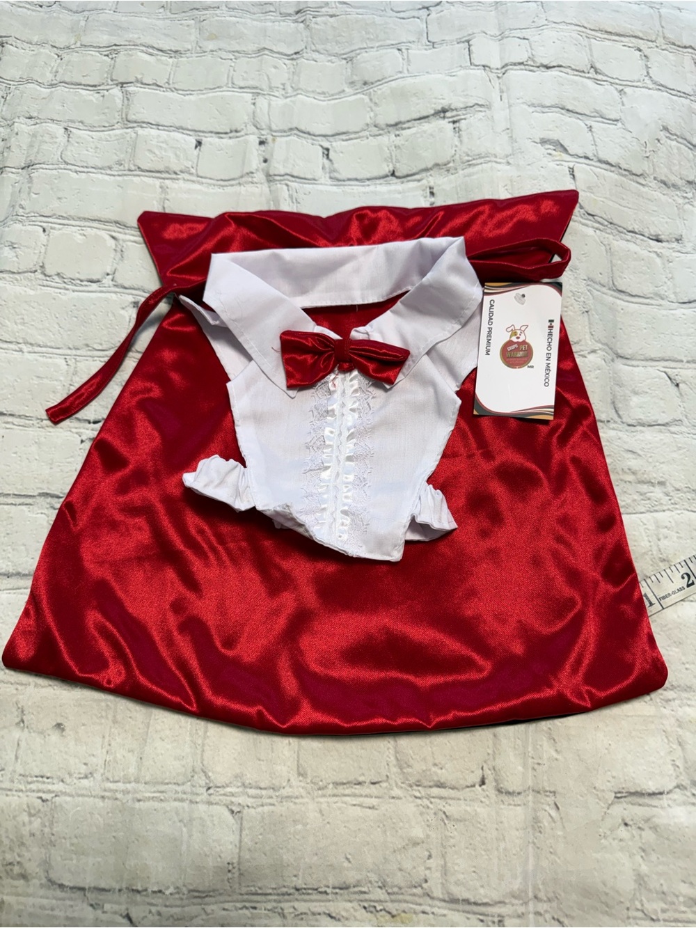 Pet Warrior Red Satin Cape & White Bib Bow Pet Costume Set. Vampire Halloween Co